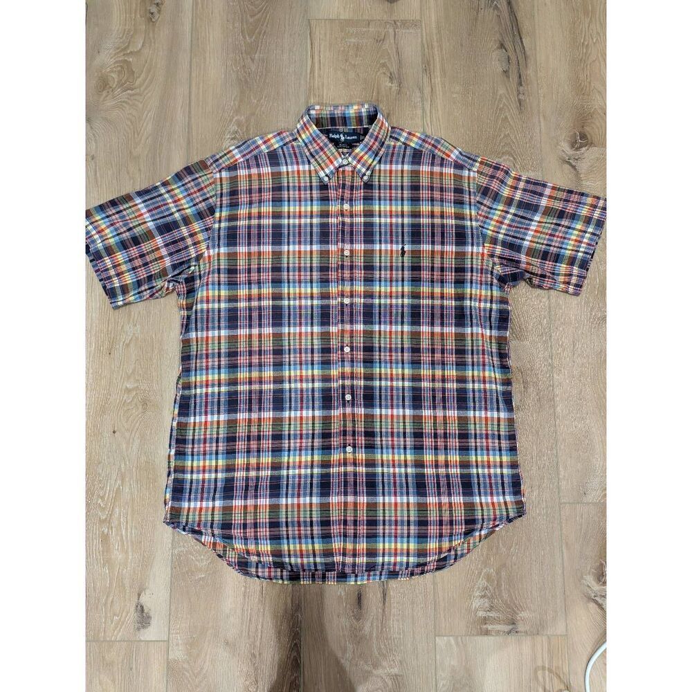 VTG Ralph Lauren Blake Men’s Large Madras Plaid Button Down Short Sleeve Shirt